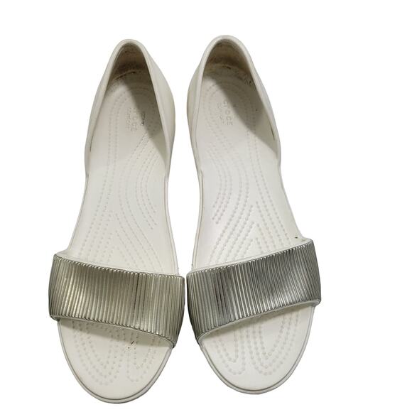 CROCS Shoes - Crocs White Slip On Sandals With Silver Ridged Metal Detail Size 11  12924-2626
